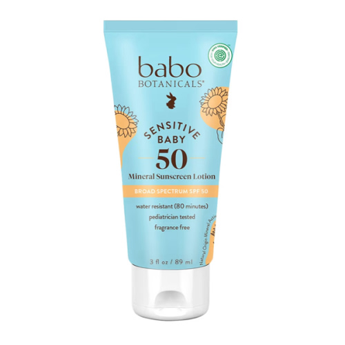 Babo Botanicals Sensitive Baby Mineral Sunscreen Lotion SPF50 - Vegan - Natural Zinc Oxide - Face & Body - Fragrance-Free - Water-Resistant - EWG Verified - Extra Sensitive Skin - For Babies & Kids
