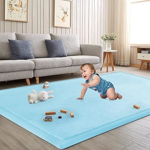 Baby Play Mat for Floor Nursery Muscle Area Rug Playroom Rug 59"x59" Elastic Foam 1.3" Thick Crawling Mat for Babies,Toddlers, Infants(Ice Blue)