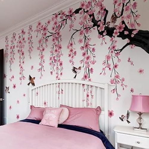 Runtoo Large Cherry Blossom Tree Wall Decals Peel and Stick Pink Floral Wall Art Stickers for Living Room Bedroom Nursery Flower Decor