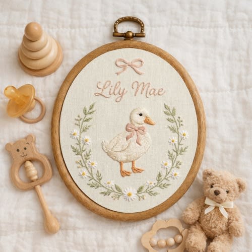 Embroidered Baby Name Hoop, Floral Duck Nursery Art, Personalized Newborn Gift