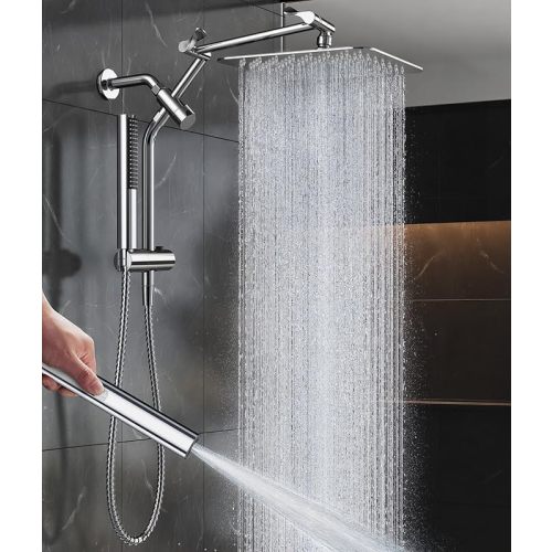 Veken All Metal 10" Shower Head with Handheld, Luxurious Square Double Rain Shower Heads,Power Wash Wand,Dual High Pressure Detachable Rainfall Showerhead with Spray Combo,Extension Arm,Chrome,Sliver