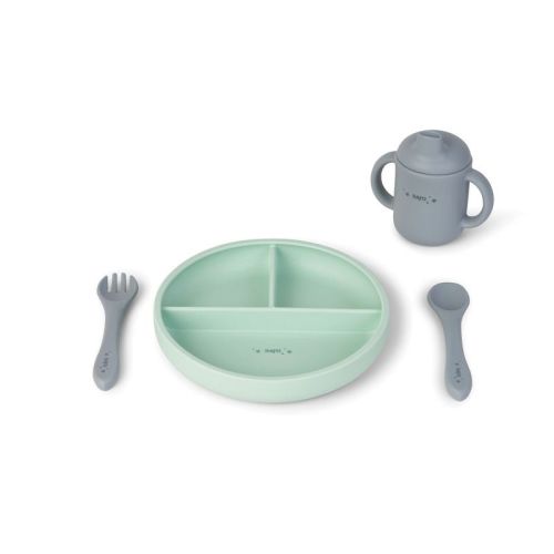 SARO "Food & Fun" 3-Piece Silicone Baby Feeding Set - Blue Mist + Mint: Suction Plate, Spill-Proof Cup & Utensils for Toddler Self-Feeding