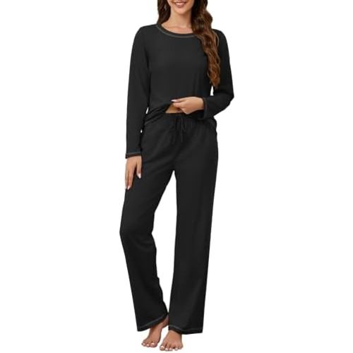 KCW Womens Pajamas Sets 100% Cotton 2 Piece Lounge Set Long Sleeve Tops and Pants Soft Pjs Sleepwear with Pockets