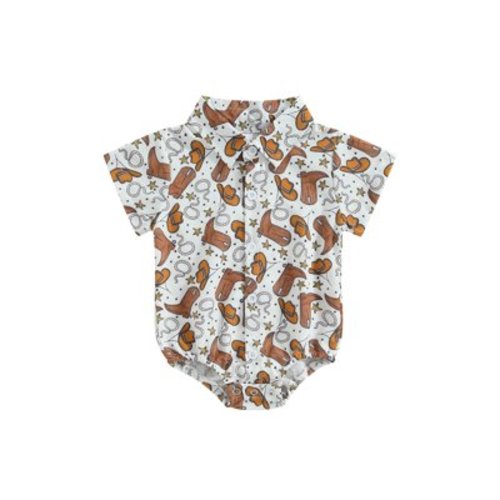 BABAMOON Western Baby Boy Clothes Cow Print Shirt Romper Short Sleeve Button Down Bodysuit Gentleman Outfits