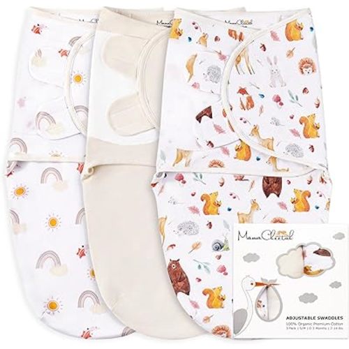 Mama Cheetah Organic Cotton Swaddle Blanket, Adjustable Swaddle Sleep Sacks, Easy Swaddles for Boy Girl 0-3 Month, Baby Essentials, 3-Pack, Sunshine & Rainbow