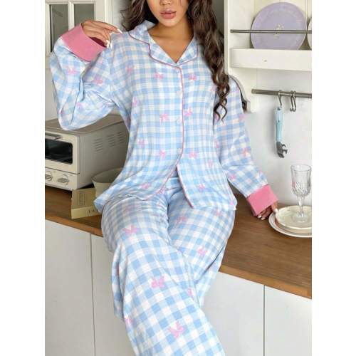 SweetSlumber Women Plaid Bowknot Bubble Wrinkle Pajama Set Bowknot, Fall Winter Clothes Cozy And Elegant Details | SHEIN USA