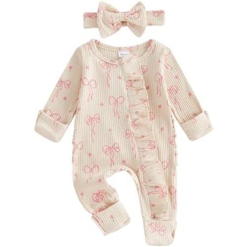 allshope Newborn Baby Girl Fall Outfit Bow Print Long Sleeve Full Length Zipper Front Ribbed Jumpsuit Infant Clothes