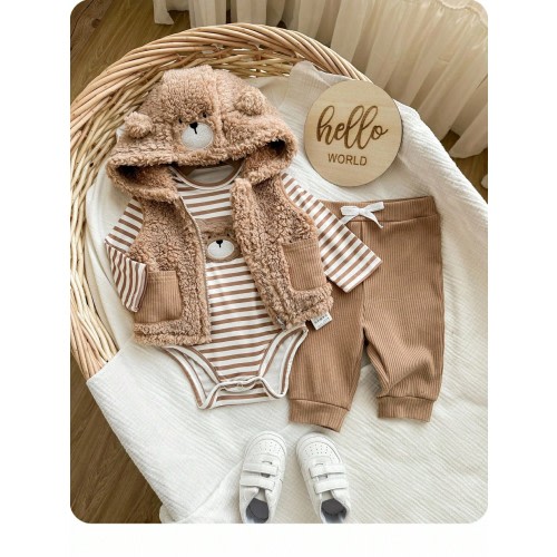 SHEIN White,Autumn,Cute,Holiday Kids Furry Outfit,Animal Plush Jacket+Striped Fashionable Bodysuit+Comfortable Sports Pants,Indoor Outdoor Wear Fall Winter
