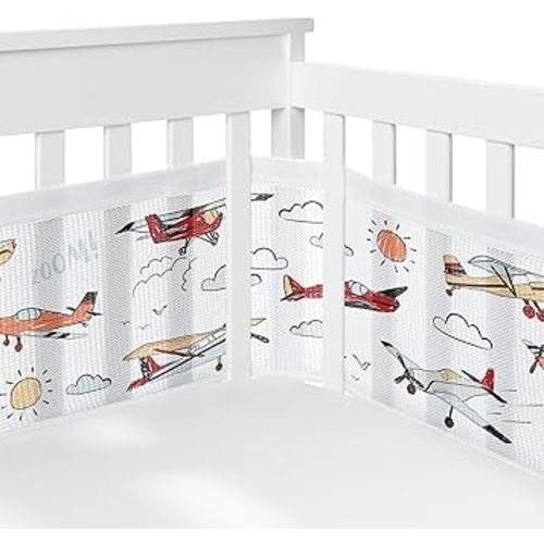 Sweet Jojo Designs + BreathableBaby Vintage Airplane Boy Breathable Mesh Crib Liner Baby and Infant Yellow Orange Red White Blue Airplanes Air Plane Transportation Clouds Sun Sky Aviator