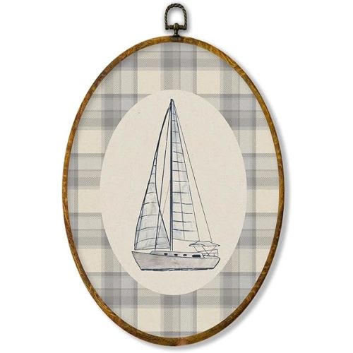 XPH Vintage Sailboat Nautical Oval Wall Art Framed, Coastal Beach Oval Wall Decor Accents, Neutral Gingham Ocean Beachy Hanging Canvas Prints for Home Kids Boy Nursery Room Bedroom Decoration, 8.6x11.4 Inch
