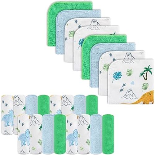 Baby Washcloths, 24Pack Baby Washcloth Extra Soft & Ultra Absorbent, for Unisex Boys Girls Body, Washclothes Gentle on Sensitive Skin, 9x9 Dinosaurs Trees