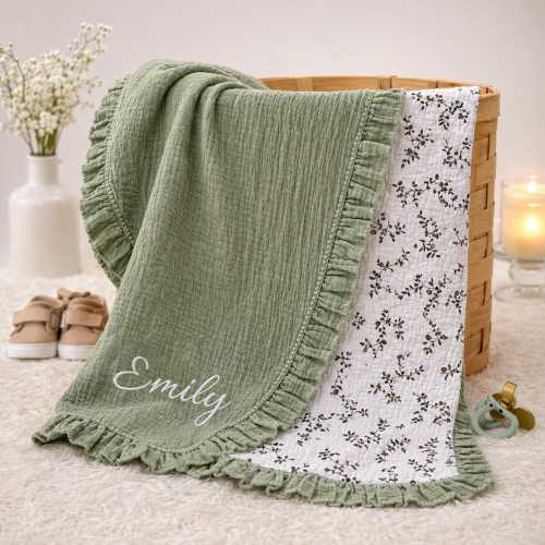 Personalized Baby Blanket with Name | Cotton Muslin Ruffle Edge Swaddle | Newborn Girl Gift | Floral Baby Bedding | Soft Infant Crib Blanket