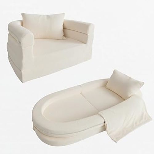 Wonder Space Kids Foam Couch with Blanket & Pillow, Pre-Assembled Toddlers 3-in-1 Convertible Sofa, Indoor Foadable Lounger Chair & Flip Open Floor Bed for Boys & Girls (Ivory)