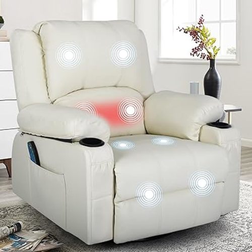 Rocking Recliner Chair with Heat and Massage, Overstuffed PU Leather Recliners for Living Room, Modern Single Rocking Chair for Adults, Manual Swivel Rocker Recliner with Cup Holders, Cream White