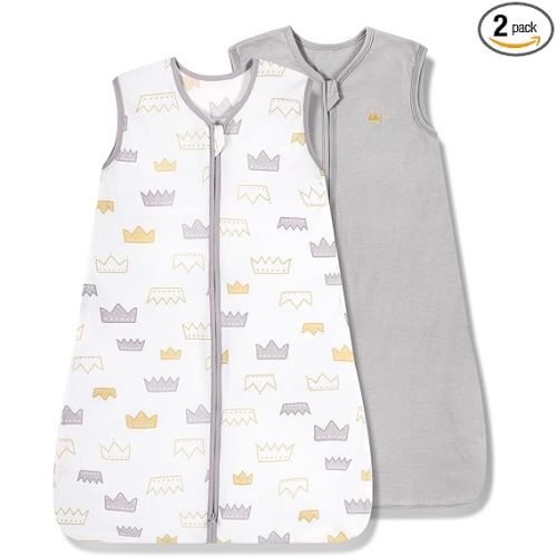 TILLYOU 2 Pack Baby Sleep Sack 6-12 Months 100% Cotton Wearable Blanket 0.5 TOG Sleeveless Summer Sleep Sacks with 2-Way Zipper, Gray Crown