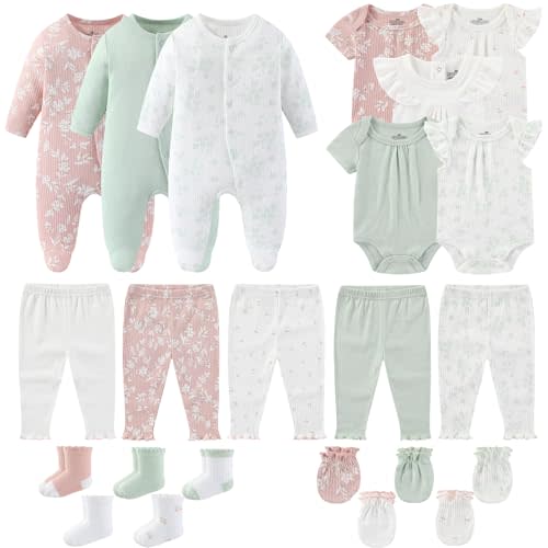 Newborn Baby Girl Boy Clothes Cotton Ribbed Mix Layette Gift Set | Unisex bodysuit pant outfits 23 Pcs, new born clothing and accessories 0-12 month