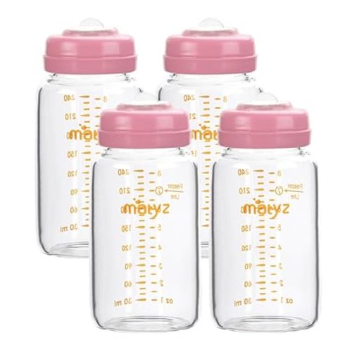 Matyz Glass Breastmilk Storage Containers, 4 Pack, 8 oz Bottle, Fit with Spectra Medela Philips Avent Pump - Wide Mouth Breastmilk Collection and Storage Bottle with Lids - No BPA (Pink Lids)