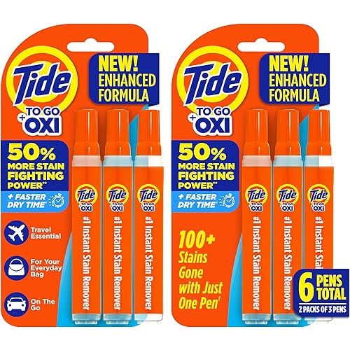 Tide Pen Stain Remover for Clothes, To Go Pen, Instant Stain Remover Pen & Spot Cleaner, Portable & Travel-Friendly, Works on Food & Drink Stains, Fits in Purses & Bags, 3 Count (Pack of 2)