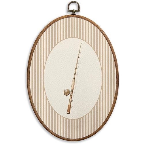 SONMYSULIL Fishing Boy Nursery Wall Art Decor, Kids Playroom Oval Wall Hanging Decor, Fishing Pole Striped Framed Canvas Prints for Kids Toddler Boy Nursery Room Bedroom Playroom, 8.6x11.4 Inch