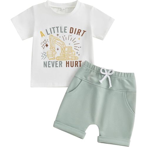 Murnouche Toddler Baby Boy Summer Clothes Excavator Print Letter T Shirt Casual Shorts Set