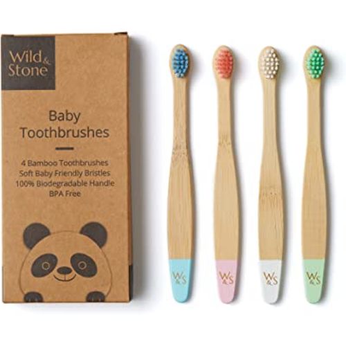 Wild & Stone Organic Baby Bamboo Toothbrushes | 4 Pack | Soft Bristles | 100% Compostable Handle | BPA Free | Vegan Baby Toothbrushes (Multicolour)