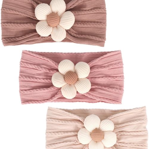 3 Pcs Baby Flower Headbands Baby Girls Nylon Headband Soft Hairbands Hair Accessories for Newborn Infant Toddler Kids (Beige Pink Khaki)
