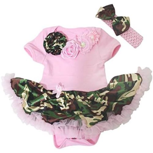 Petitebella Neck Rosettes Bodysuit Camouflage Baby Dress Nb-18m