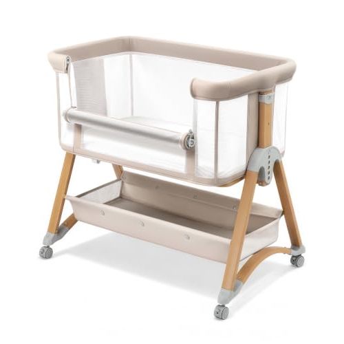 5 in 1 Bedside Bassinet Baby Bassinet, Rocking Bassinet for Baby | 360°Breathable Mesh|Gentle Rocking Mode|Storage Basket|Washable & Comfy Mattress|Height Adjustable|Smooth Wheels(Beige)