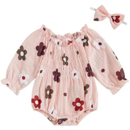Infant Baby Girl Long Sleeve Rompers Lace Trim Ruffle Bodysuit with Headband Newborn Bubble Romper