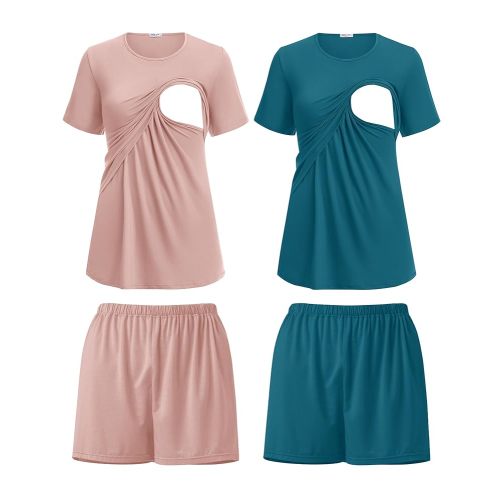 Ekouaer 2 Pack Women's Nursing Pajamas Set Double Layer Maternity Pjs Postpartum Loungewear Set Breastfeeding Tops & Shorts