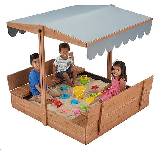 YOLENY Sandbox with Lid,Kids Sandbox with Cover Outdoor,Wooden Sand Box with 2 Foldable Bench Seats,Adjustable UV-Resistant Roof & Bottom Liner,Sand Box for Kids Ages 2-8, Perfect for Backyard,Beach