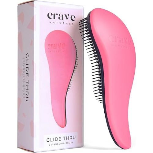 Crave Naturals Glide Thru Hair Brush - Detangler Brush for Curly, Straight, Wet or Dry Hair - Gentle Detangling Brushes for Adults, Kids, Toddlers - Hair Accessories for Women, 7.5x3" - Pink