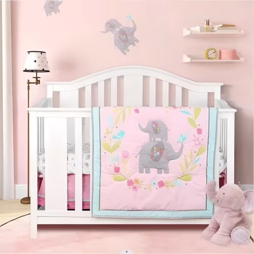 Sweet Baba Luxury 4 PC Pink Elephant Crib Bedding Set for Baby Girl,Microfiber Printed Nursery Bedding Set with Comforter/Skirt/Crib Sheet/Blanket