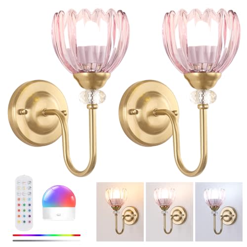 Set of 2 Vintage Battery Operated Wall Sconce, Rechargeable Wall Lamp with 5000mAh Battery & Remote Control, Dimmable Wall Lights with tulip shade for Bedroom Bathroom Living Room, (Tulip Pink Up)