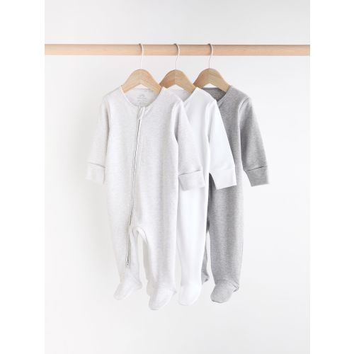 Grey Essential Zipped 100% Cotton Baby Sleepsuits 3 Pack (0-3yrs)