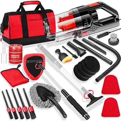 17PCS Car Cleaning Kit, Red Car Interior Detailing Kit with High Power Handheld Vacuum, Detailing Brush Set, Windshield Cleaner, Cleaning Gel, Complete Auto Accessories for Women Girls Gift