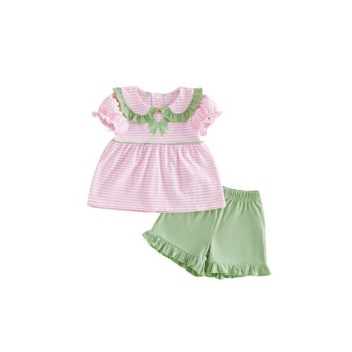 BemeyourBBs Toddler Baby Baby Girl Summer Clothes Infant Baby Girl 2 Pieces Outfit Bow Embroidered Striped Ruffled Trim Doll Collar Short Sleeve Shirt Tops and Shorts Set
