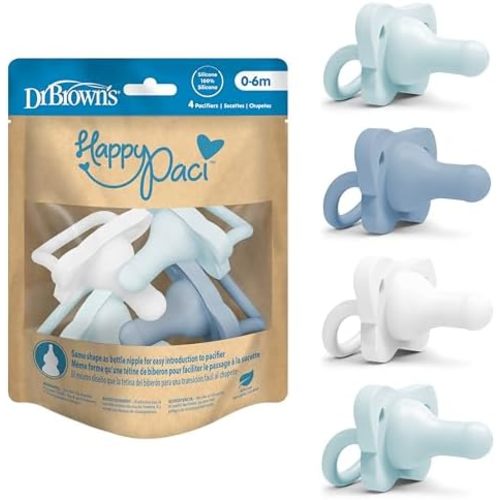 Dr. Brown's HappyPaci Baby Pacifier, Blue, Light-Blue, White, 0-6m, 4-Pack