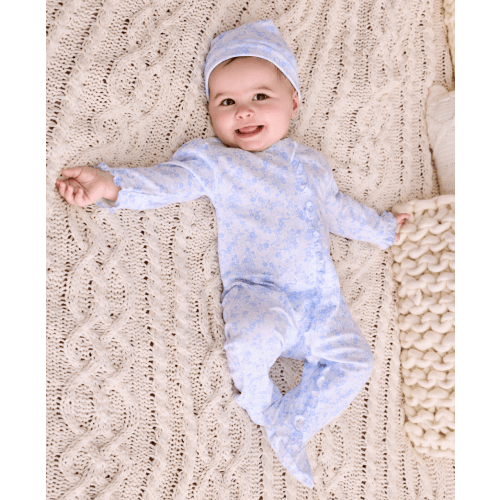 Old English Roses Blue Zip Footie - newborn born size LIGHT BLUE