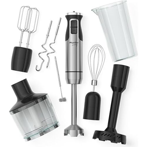 MuellerLiving Immersion Hand Blender Full Set - 8 Speed Immersion Blender, Hand Mixer with 7 Attachments: Stainless Steel Blade, Whisk, Milk Frother, Beater, Mixing Hooks, Potato Masher, Chopper Bowl