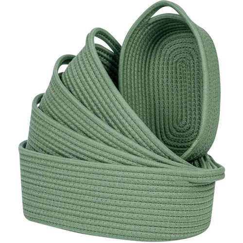 CubesLand Small Cotton Rope Storage Basket Set 5, Shelves Baskets for Organizing with Handle, Decorative Closet Storage Bins for Countertop Toilet Paper Basket for Toilet Tank Top,Green Basket