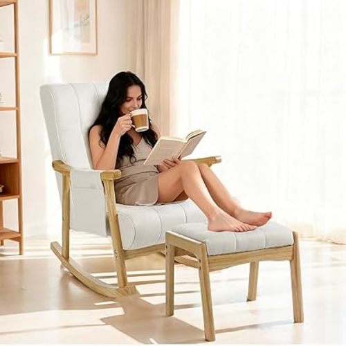 NOBLEMOOD Rocking Chair Indoor with Ottoman, Upholstered Rocking Chair with Lumbar Pillow, Side Pocket, High Back Solid Wood Frame Rocker with Footrest for Living Room
