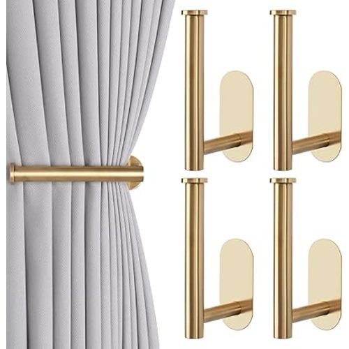 Adhesive Curtain Holdbacks - 4 Pack No Drill Tie Backs Hooks for Drapes, Damage-Free Wall Mounted Curtain Holders with Strong Adhesive (4, Gold)