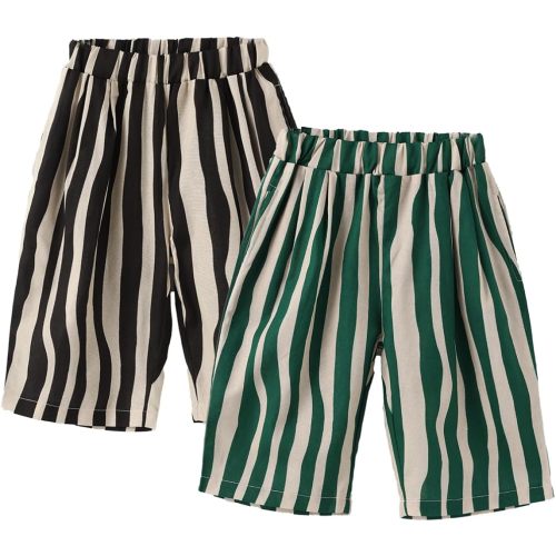 Ashmyova Boy's Cotton Stripe Shorts Summer Elastic Waist Casual Capri Pants for Boys with Pockets 2Pcs