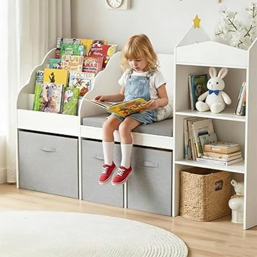Kids Bookshelf with Reading Nook, Wooden Toy Storage Organizer with Cushioned Seat and 3 Fabric Drawers, Toddler Bookcase with Bench for Playroom, Bedroom, Nursery