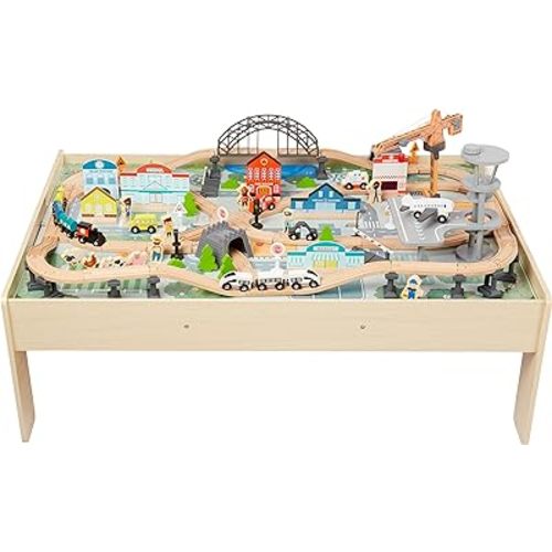 Amazon Basics 120 Piece Wooden Train Set with Activity Table, Sturdy Tracks, Storage Bin, Easy to Assemble, Kids Gift for Age 3Y+, 47.44 x 33.46 x 16.14 in