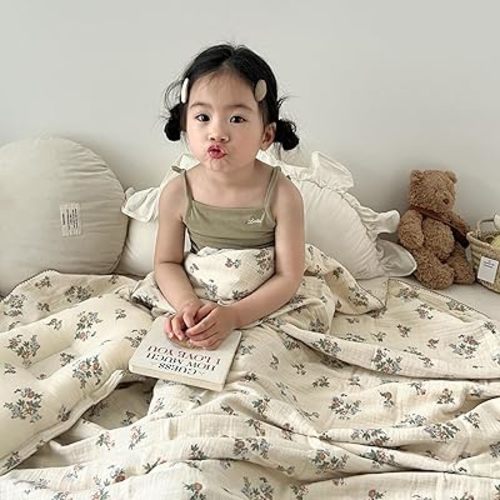 BuLuTu Cotton Muslin Toddler Blanket for Kids Girls Boys, Soft Lightweight Baby Quilts 2 Layers Large Muslin Crib Blanket Floral Toddler Quilted Blankets, All Seasons, 47"x51"