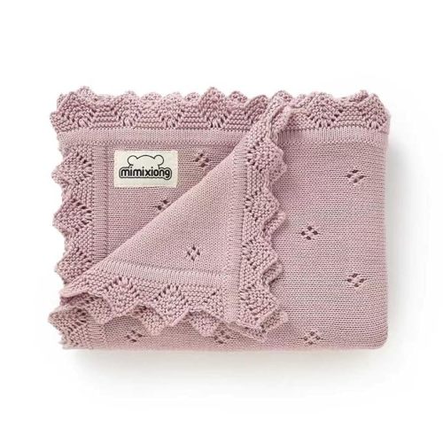 mimixiong Cotton Baby Blanket Knitted Crochet Receiving Crib Nursery Swaddling Blankets for Newborn Baby Boy Girl with The Bunny Rattle (Dreamy Lilac)