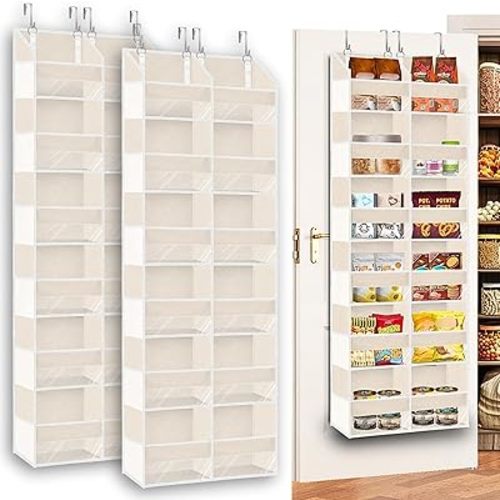 2 Pack Over The Door Organizer 6 Tiers, Extra Large Behind Door Storage of 12 Compartments, 80 lbs Weight Capacity Hanging Storage Organizer with Clear Window Kids Toys,Shoes (6 Tiers - Beige)