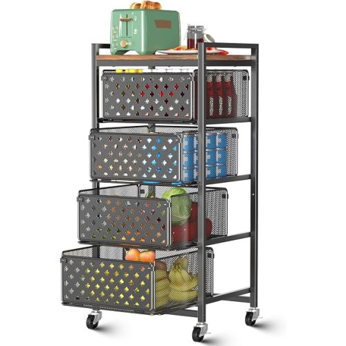 5 Tier Kitchen Storage Cart with Wheels, Utility Fruit Vegetable Storage Rack Stand with Pull-Out Baskets & Wood Top, Metal 4-Drawers Rolling Snack Cart, Kitchen Cart for Potato Onion(Black)